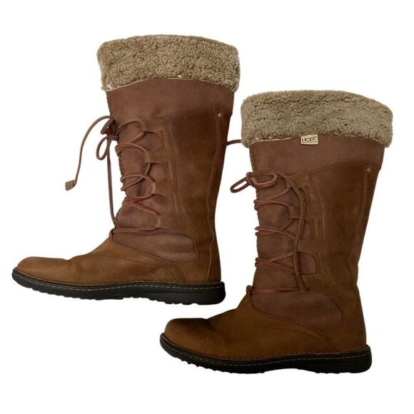 UGG Australia tan leather lace up Tall Torrey women’s 9 Sherling cuff/ lined - Picture 5 of 15